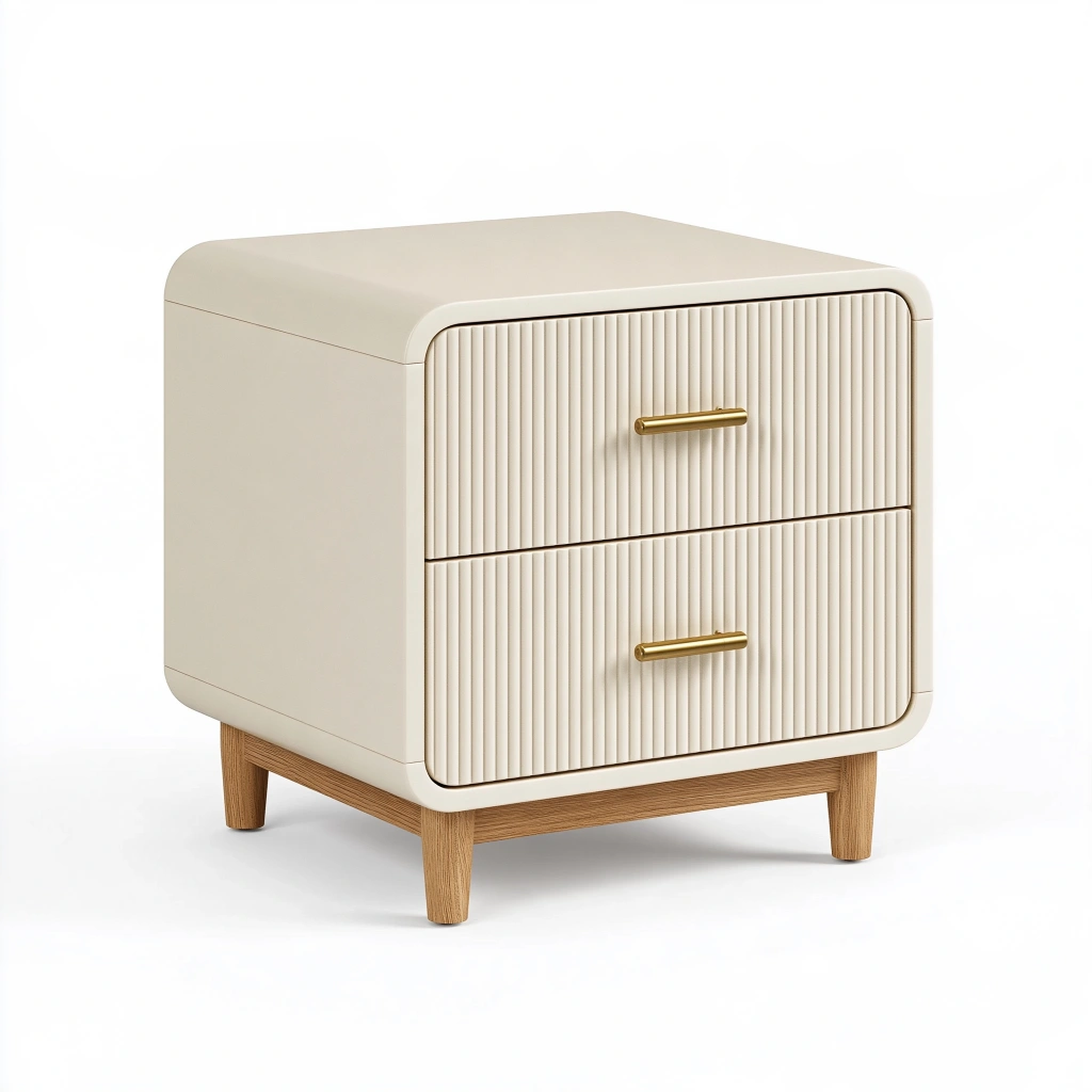 Nachttisch 45 x 40 x 55 cm in Creme mit Holzfüßen - geriffelter Stauraum im modernen Stil