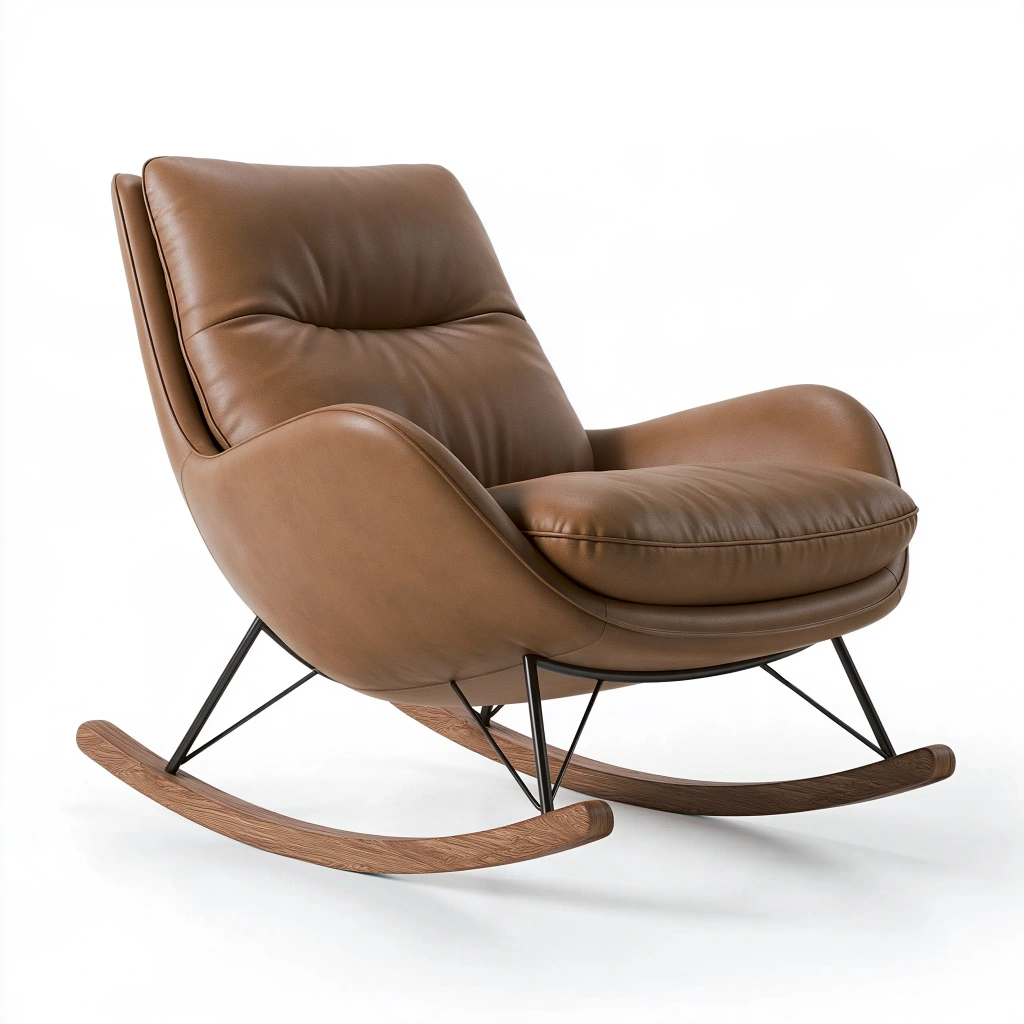 Schaukelstuhl 100 cm x 82 cm x 95 cm brauner Lederbezug mit Metallgestell modern