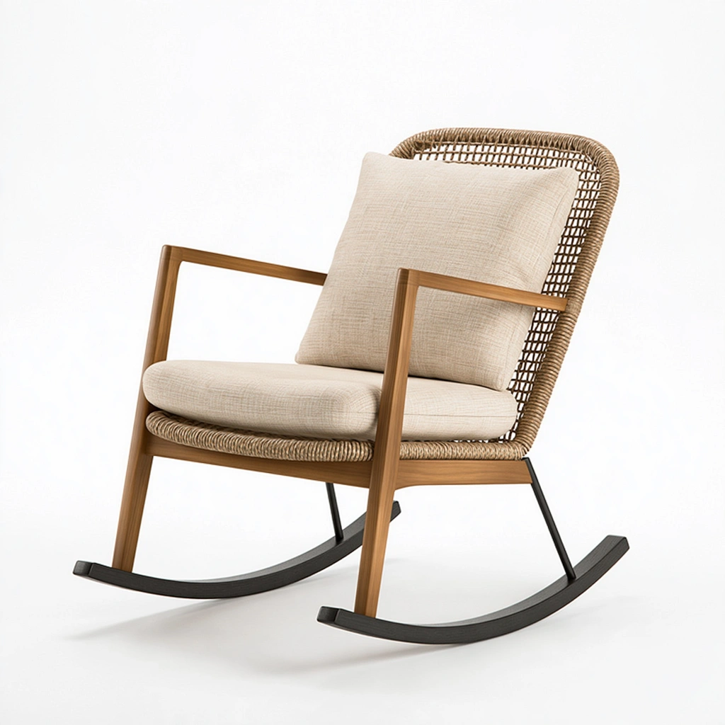 Schaukelstuhl 72 x 92 x 105 cm aus Holz Rattan und Textil in Natur Beige mit Metallkufen