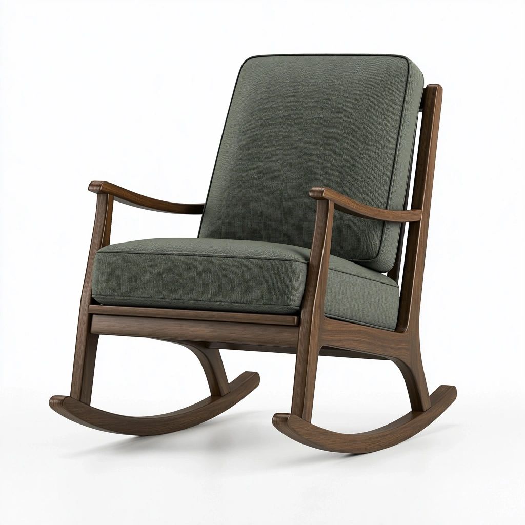 Schaukelstuhl 95 x 68 x 103 cm mit Textilpolsterung in Olivgrün und Holzgestell im Mid-Century-Stil