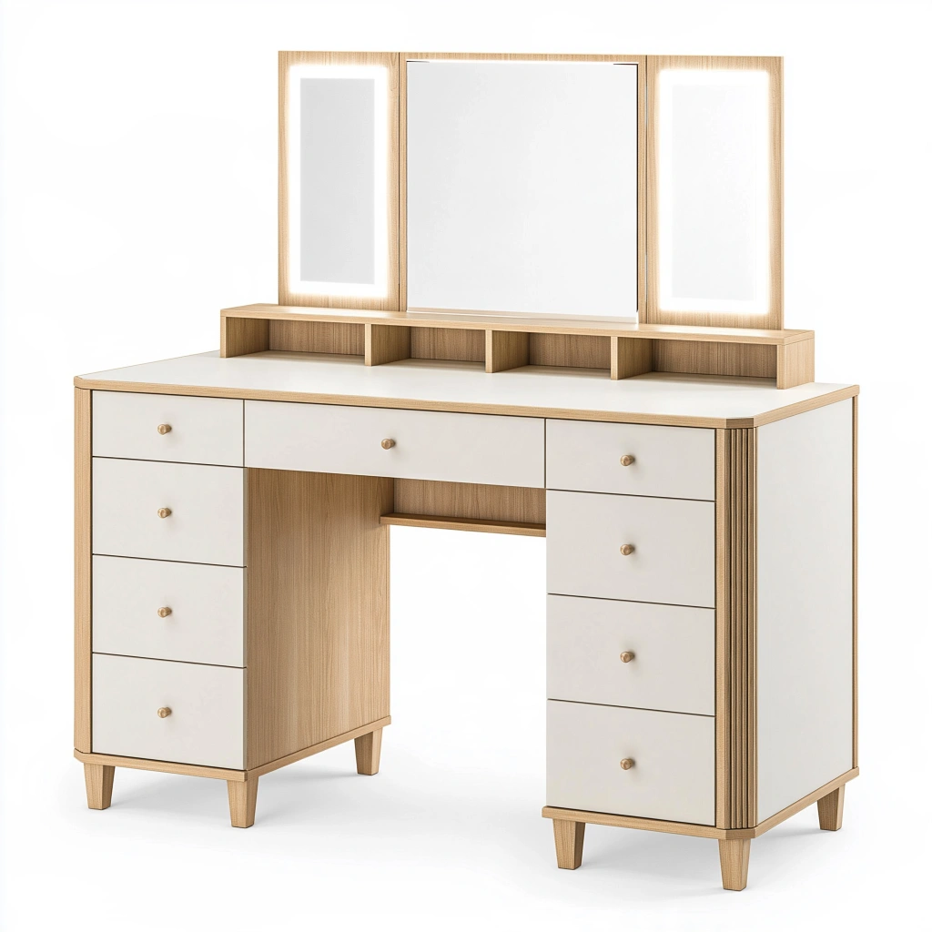 Schminktisch Set 120 x 45 x 150 cm Holzwerkstoff Weiß Natur mit Spiegeln und Schubladen