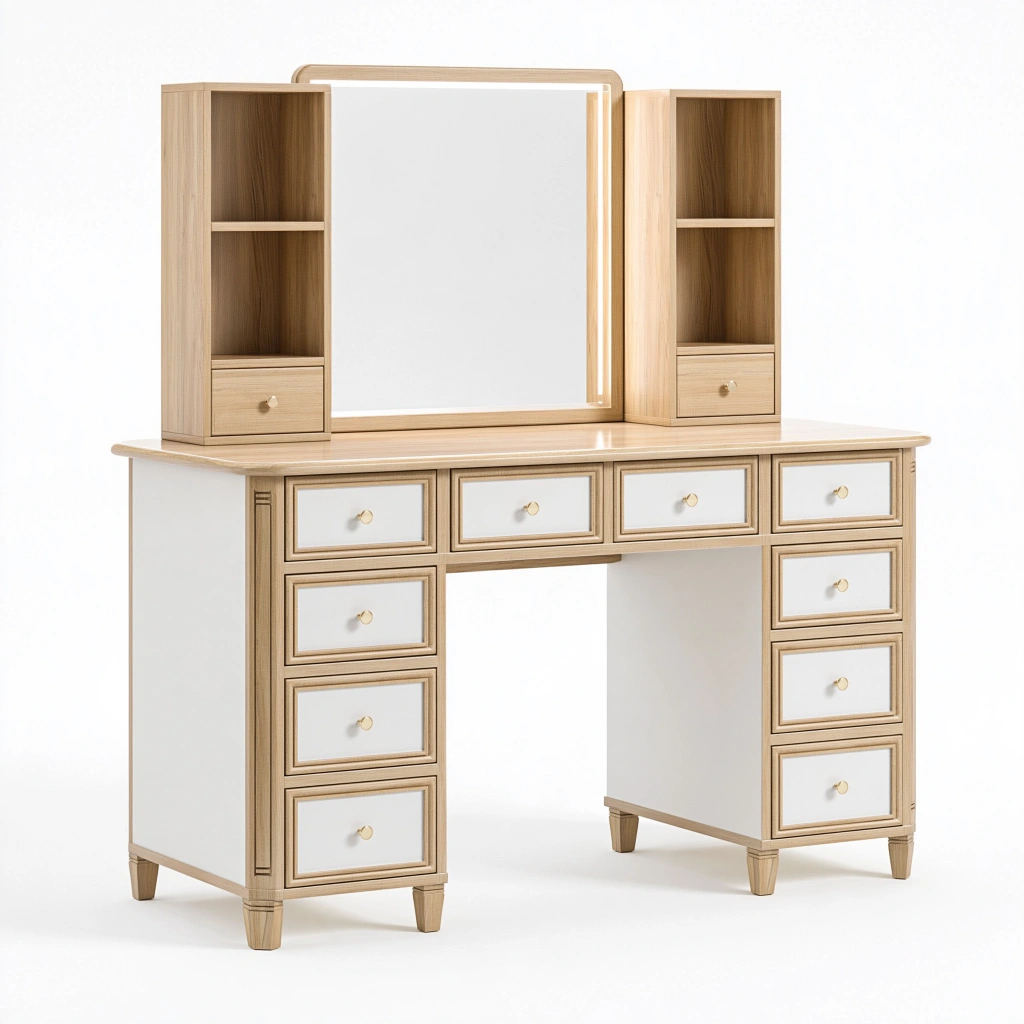 Schminktisch Set 120 x 50 x 165 cm Holz Weiß Natur mit Spiegel und Schubladen