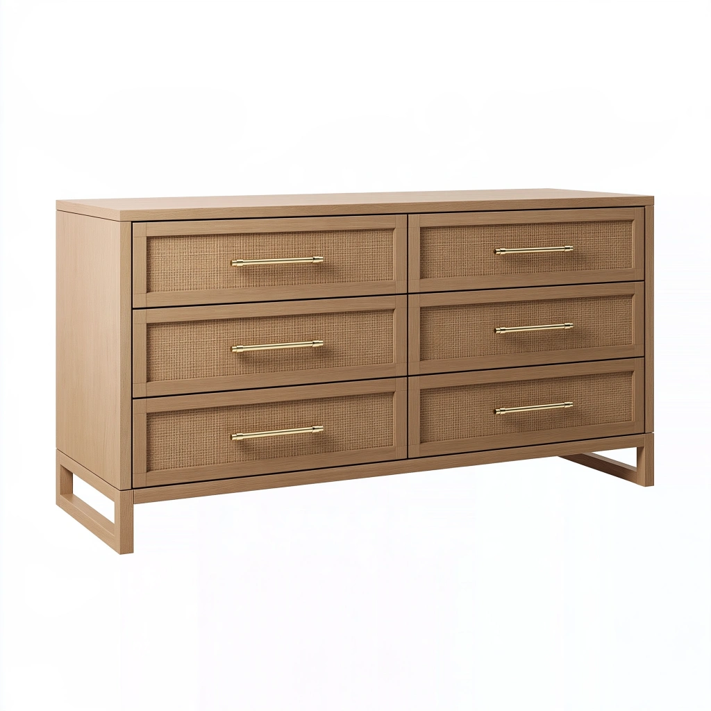 Kommode 150 x 45 x 85 cm Holzwerkstoff Naturbraun mit 6 Schubladen in Geflechtoptik