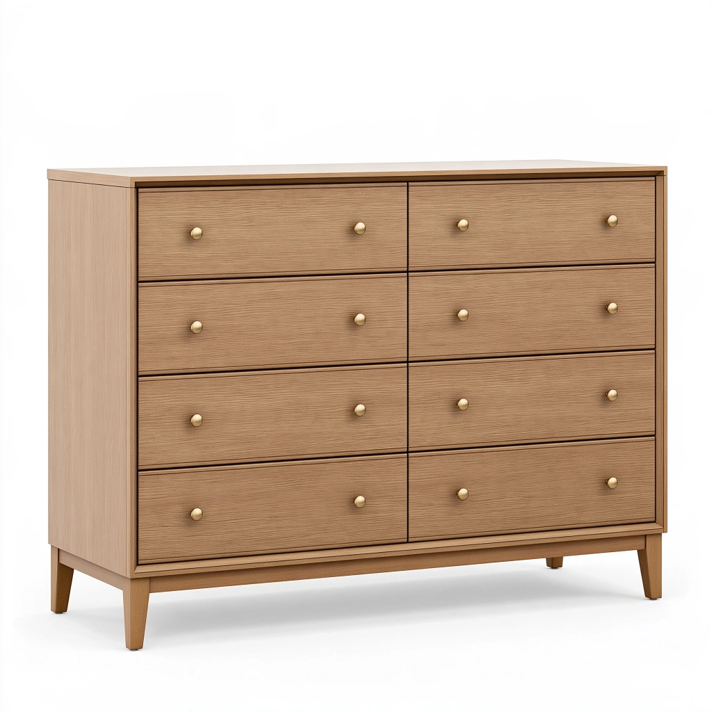 Kommode 140 x 45 x 100 cm Holzwerkstoff Naturbraun mit 8 Schubladen im Mid Century Stil