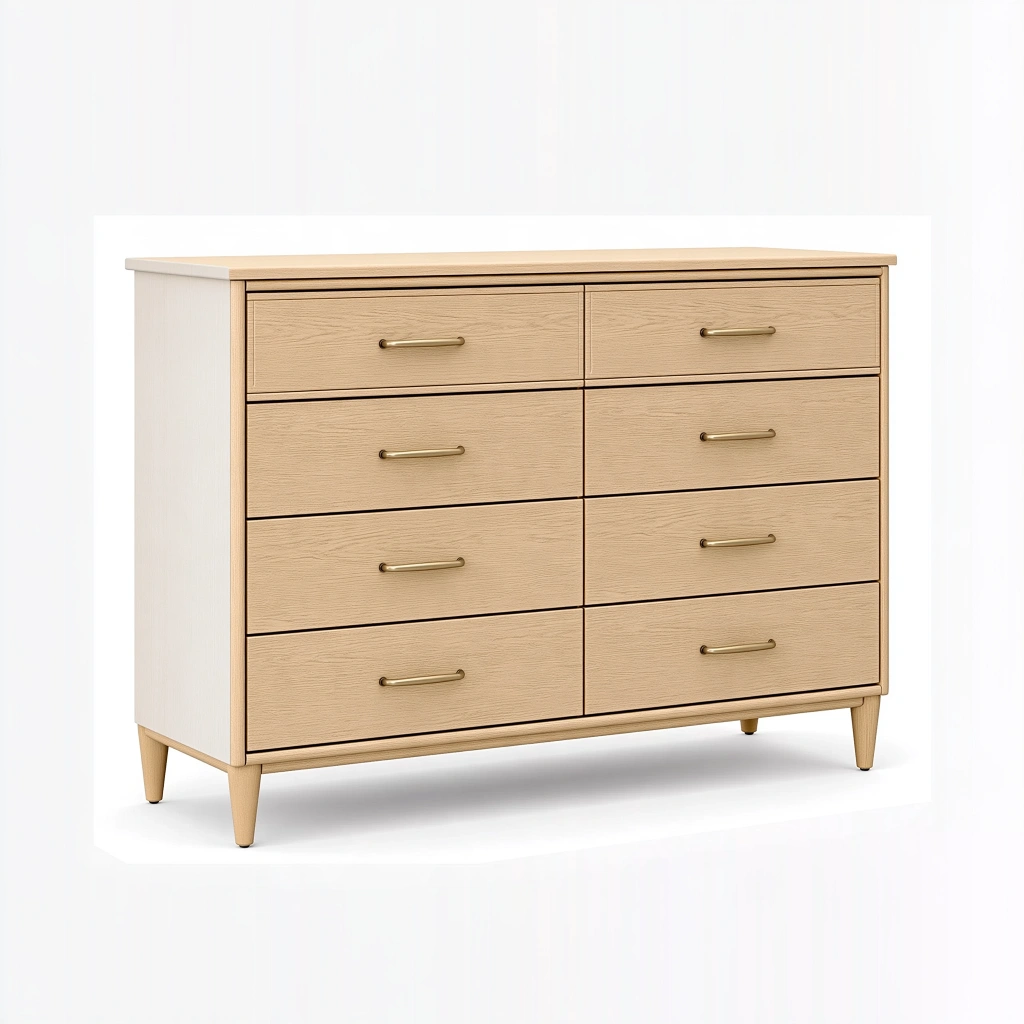 Kommode 120 x 40 x 90 cm Naturholz Weiß mit 8 Schubladen und Metallgriffen