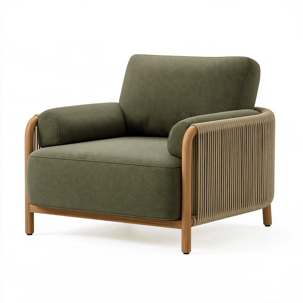 Sessel 85 x 90 x 85 cm aus Textil und Holz in Olivgrün - Loungesessel mit geflochtenen Armlehnen
