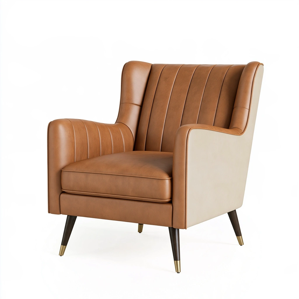 Sessel 82 x 85 x 96 cm in Cognac und Beige Lederoptik mit Holzbeinen im Retro-Stil